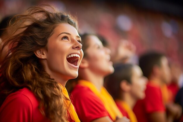 Fan spagnole di calcio in uno stadio della Coppa del Mondo che celebrano la vittoria della squadra nazionale spagnola di calcio
