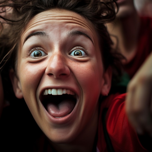 Fan spagnole di calcio in uno stadio della Coppa del Mondo che celebrano la vittoria della squadra nazionale spagnola di calcio