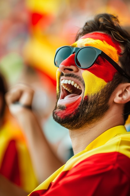 Fan spagnolo eccitato con il viso dipinto che applaude a un evento sportivo con uno stadio sfocato