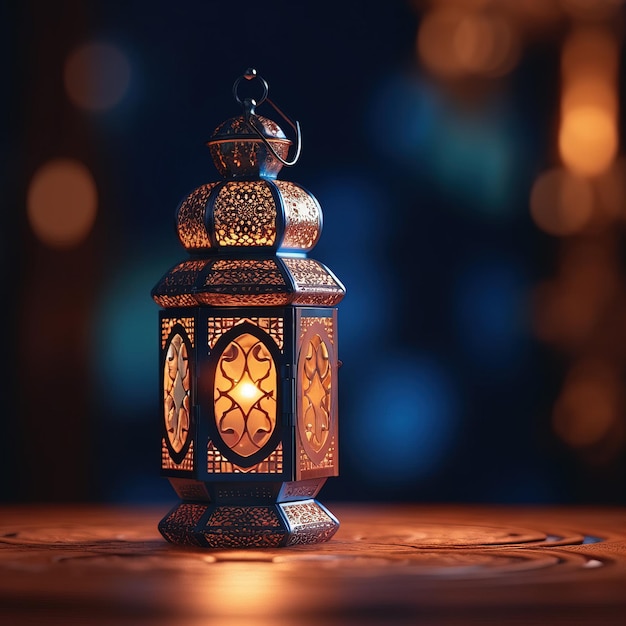 Fanous Ramadan lanterna incandescente lampada tradizionale popolare araba nel cielo notturno e luce del bokeh della città