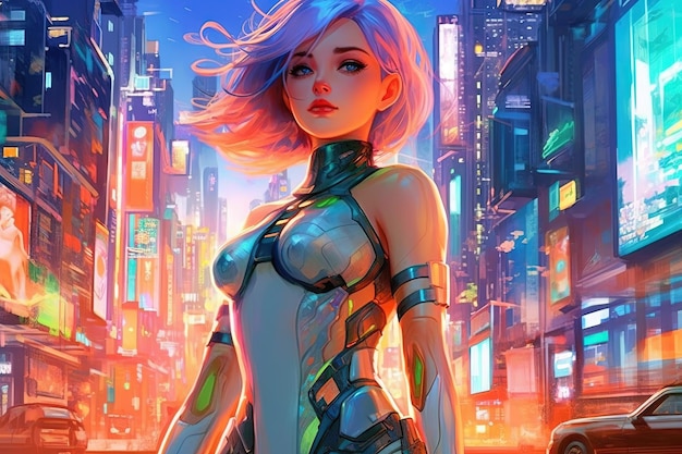 Fantascienza futuristica Ragazza anime con capelli color neon e un elegante body in piedi di fronte a un'imponente metropoli in stile manga illustrazione generativa ai