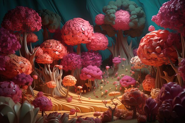 Fantasia 3d con alberi e fiori stravaganti Giardino da favola all'aperto