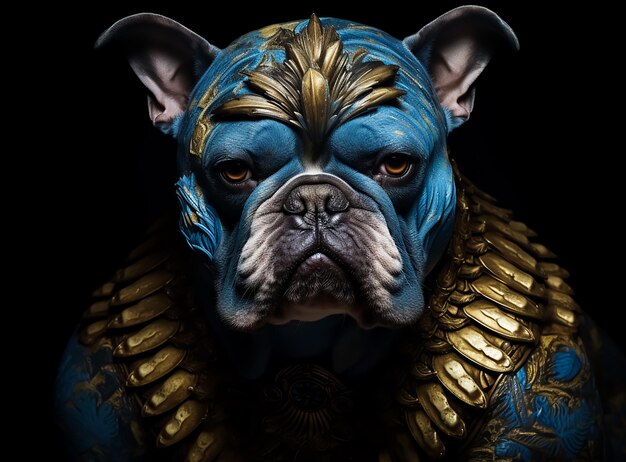 Fantasia bulldog armatura in pelliccia blu e piume pieno accessori d'oro reale