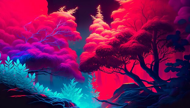 Fantasia colorata foresta incandescente retrowave Illustrazione creativa Ai Genera