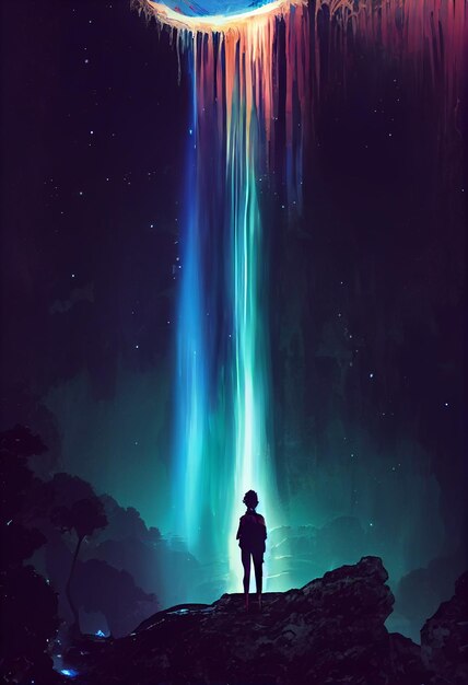 Fantasia di cascata al neon nella foresta profonda. Aspetto colorato luminoso come una favola. Illustrazione 2D.