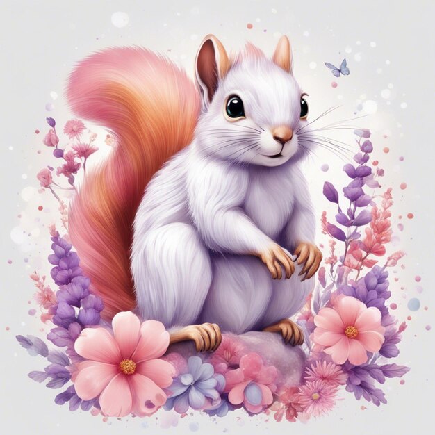 Fantasia di fiori Splash con simpatico scoiattolo T-shirt Design Art