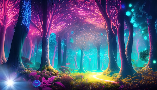 Fantasia di foresta al neon incandescente colorata come una fiaba Creato