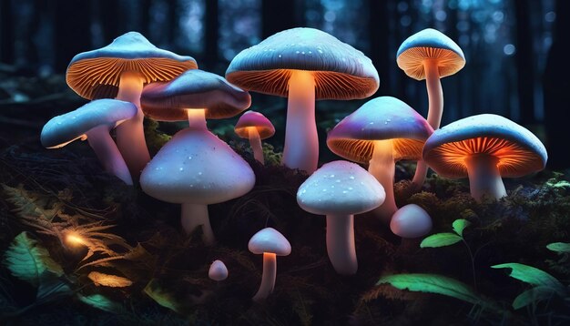 Fantasia di funghi luminosi in una misteriosa foresta buia