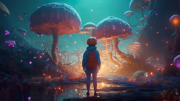 Fantasia di viaggio da sogno con funghi giganti ai generati