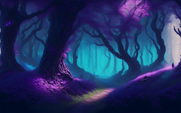 Fantasia e foresta magica da favola con percorso di illuminazione viola e ciano Pittura digitale