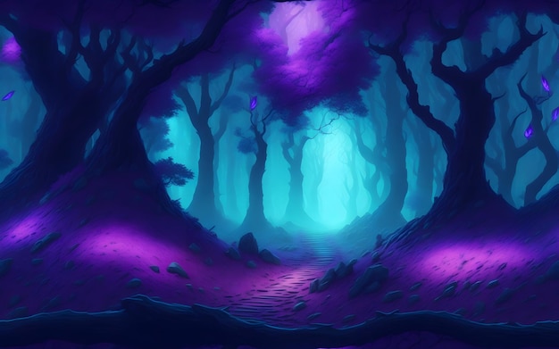 Fantasia e foresta magica da favola con percorso di illuminazione viola e ciano Pittura digitale