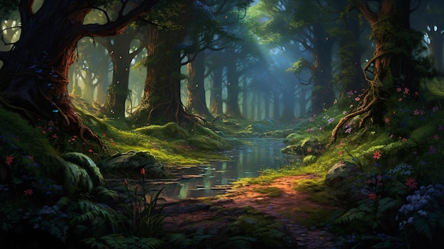 Fantasia favola foresta magica luce serale soleggiata
