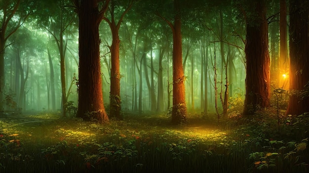 Fantasia fiabesca foresta magica luce serale soleggiata attraverso i rami degli alberi Alberi magici in una zona boscosa Foschia al tramonto piante muschio ed erba nella foresta illustrazione 3d