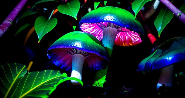 Fantasia foresta buia con funghi luminosi al neon