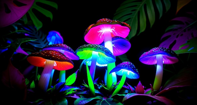 Fantasia foresta buia con funghi luminosi al neon