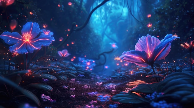 Fantasia foresta di favole di notte bellissimi fiori luminosi e sentiero in boschi oscuri di favole piante luminose e luci magiche nel paese delle meraviglie concetto di natura al neon