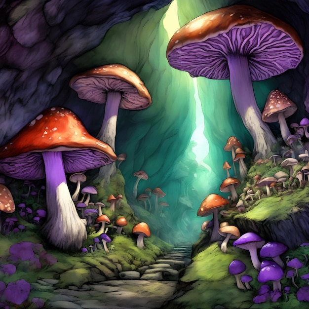 Fantasia funghi magici in una grotta illustrazione AI