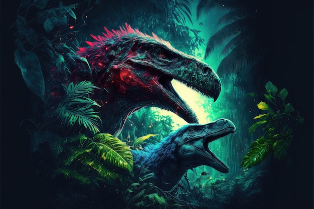 Fantasia in dinosauro o predatore nello scenario della giungla profonda