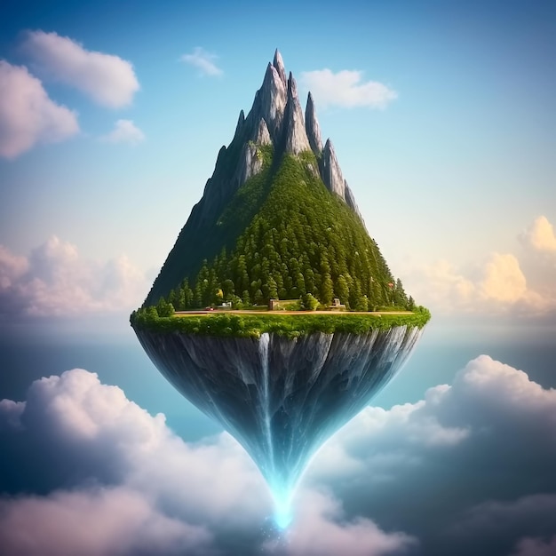 Fantasia isola galleggiante su sfondo blu cielo e nuvole IA generativa