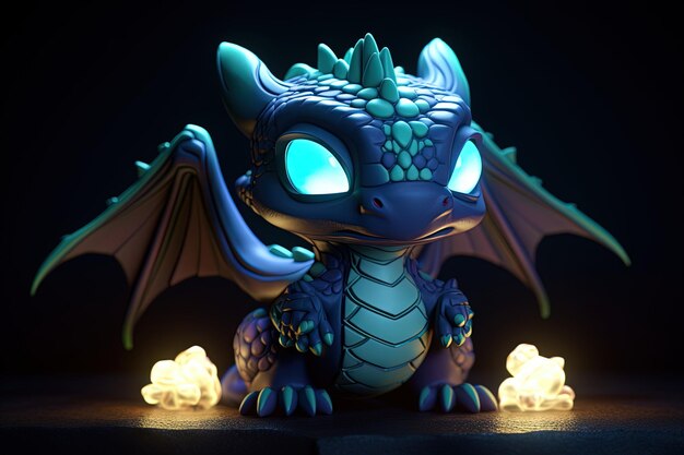 Fantasia maestoso drago con ali spiegate isolate su uno sfondo nero Luce al neon brillante arte chibi Giocattolo a testa grande