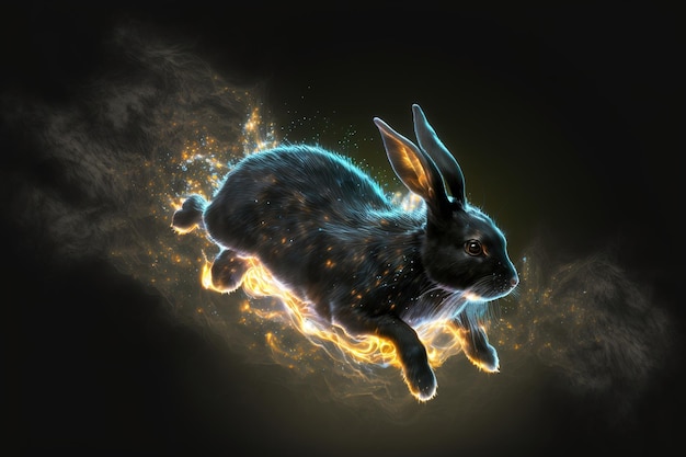 Fantasia magica Il simbolo del coniglio nero del 2023 è in esecuzione lasciando tracce di scintille e stelle Rendering 3d di Natale e Capodanno