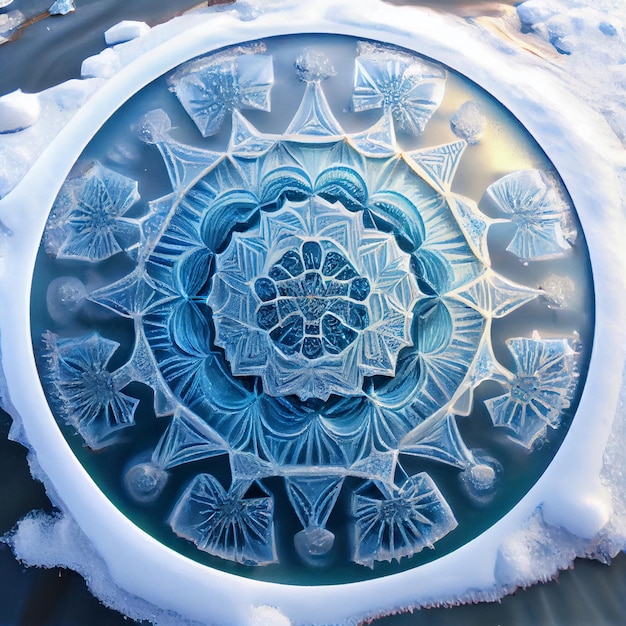 Fantasia mandala fatta di ghiaccio nella neve 3d rendering