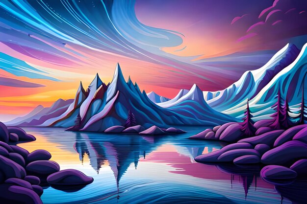Fantasia paesaggio invernale astratto con montagne innevate e lago all'orizzonte del tramonto ai generativa