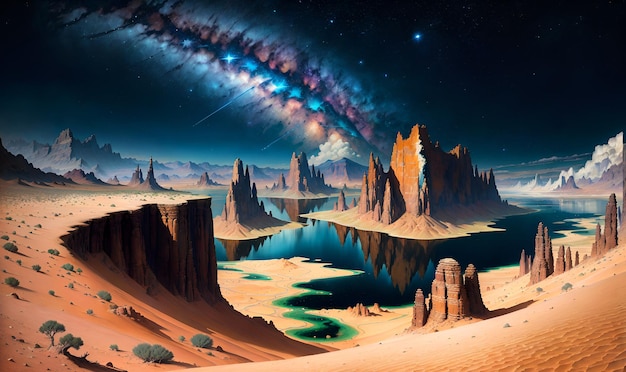 Fantasia pianeta alieno arido deserto deserto paesaggio futuristico universo fantascienza wall art scoperta esplorazione avventura AI generativa