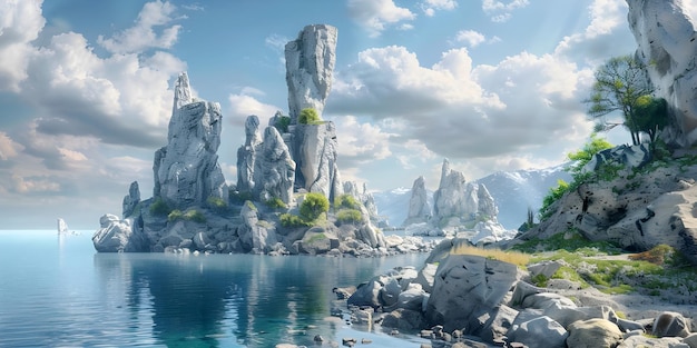 Fantasia pianeta alieno montagna e lago illustrazione 3D Ai Generato