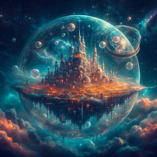 Fantasia sfera isola che galleggia nell'universo del cielo notturno