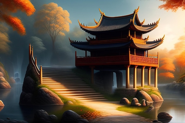 Fantasia Villaggio antica architettura cinese gradini fiume bellissimo mistico bella acqua