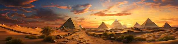 Fantasia vista panoramica delle antiche piramidi nel deserto al tramonto Egitto