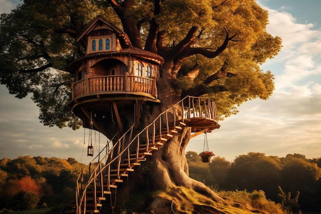 Fantasiosa casa sull'albero su un grande albero in un bellissimo parco