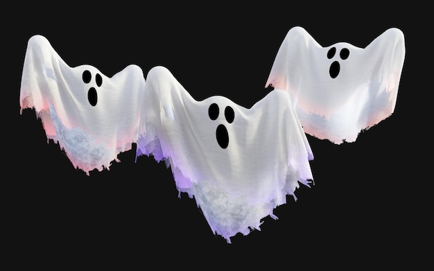 Fantasma bianco su sfondo nero con tracciato di ritaglio. Concetto di vacanza con Happy Halloween