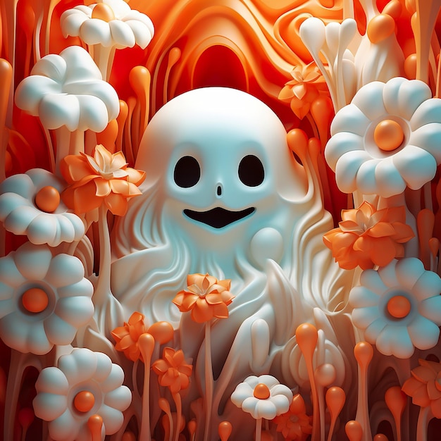 Fantasma carino 3d circondato da fiori pastello arancioni