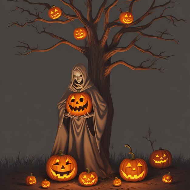 Fantasma che tiene una lanterna jack o in un albero spettrale Disegno di Halloween