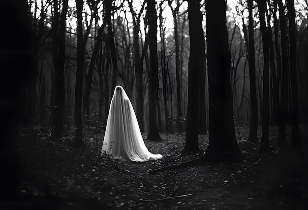 Fantasma cupo in piedi sulla terra nella foresta