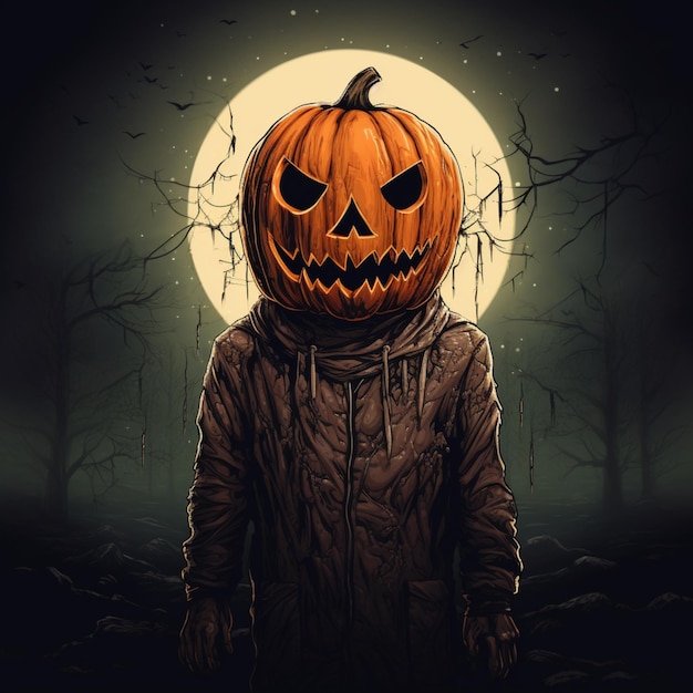 Fantasma di Halloween con testa di zucca spaventosa