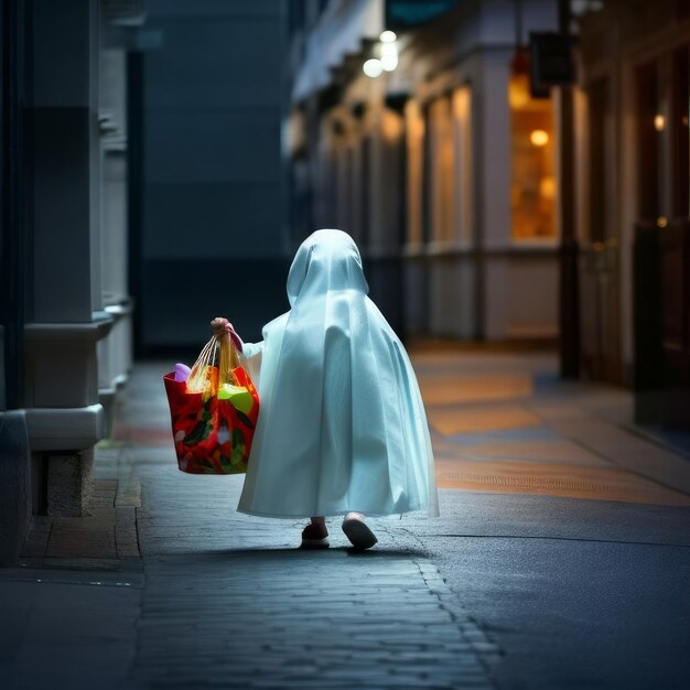 Fantasma di Halloween con un cesto di caramelle per strada AI generativa