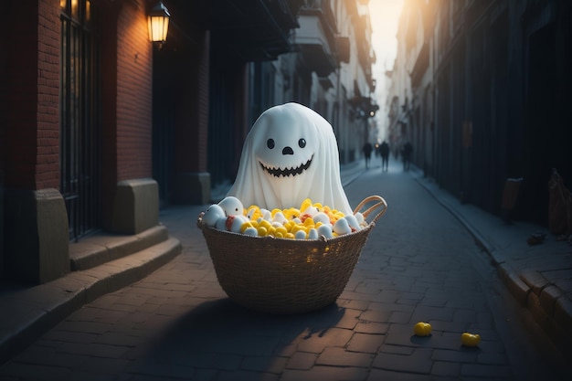 Fantasma di Halloween con un cesto di caramelle per strada AI generativa