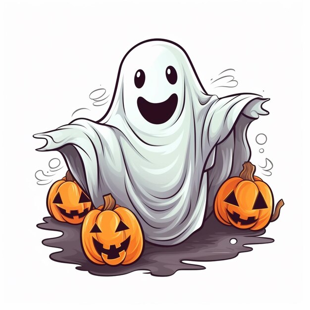 fantasma di halloween del fumetto con zucche e faccia di fantasma ai generativa