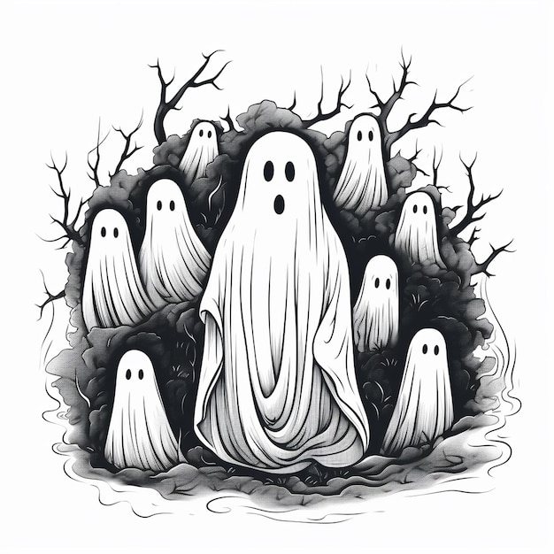 Fantasma di Halloween in bianco e nero che disegna con uno stile lunatico