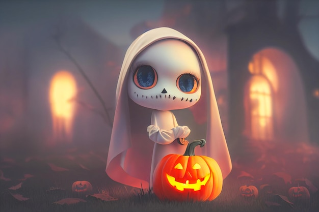 Fantasma di rendering 3D come una simpatica figura chibi in un cimitero per Halloween. Carta da parati felice di Halloween