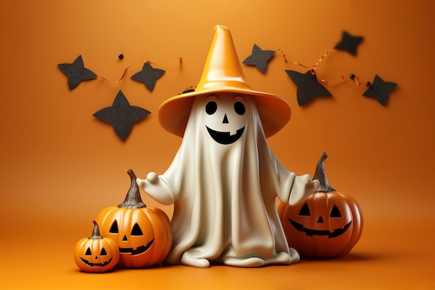 fantasma nel cappello del partito vicino alle zucche felice concetto di Halloween Ai generativa