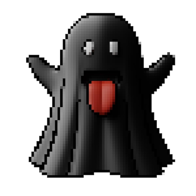 Fantasma nero spaventoso in stile pixel 3d con la lingua fuori tema di design decorativo di halloween galleggiante