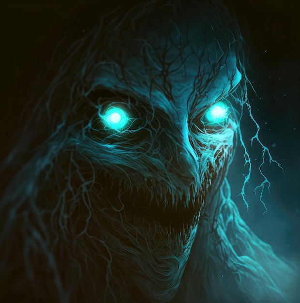 Fantasma spaventoso con occhi luminosi IA generativa