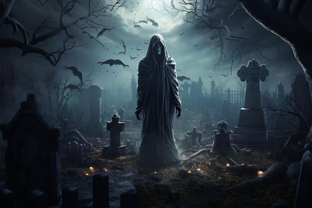 Fantasma spaventoso notturno nel cimitero