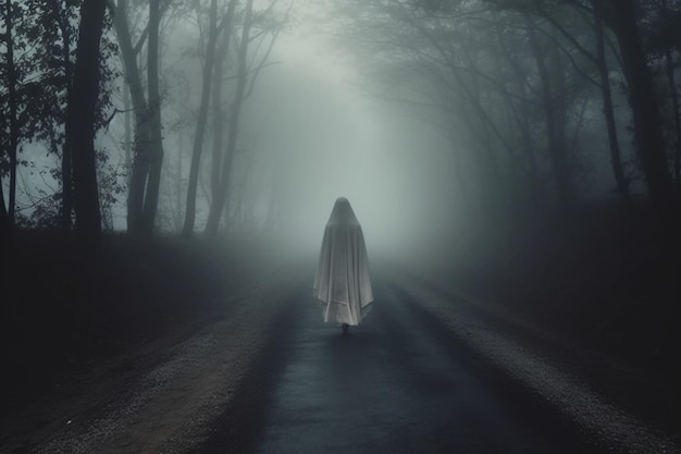 Fantasma sulla strada spaventosa nel mondo paranormale Sogno orribile Strana foresta in una nebbia Mistico