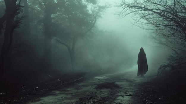 Fantasma sulla strada spaventosa nel mondo paranormale Sogno orribile Strana foresta nella nebbia Atmosfera mistica Legno scuro Strada misteriosa Strega gotica