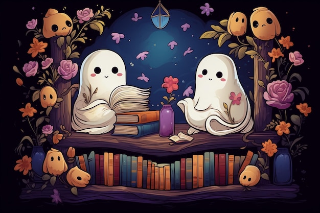 Fantasmi carini che leggono libri in una biblioteca Concetto di Halloween o del giorno dei morti generato da Ai
